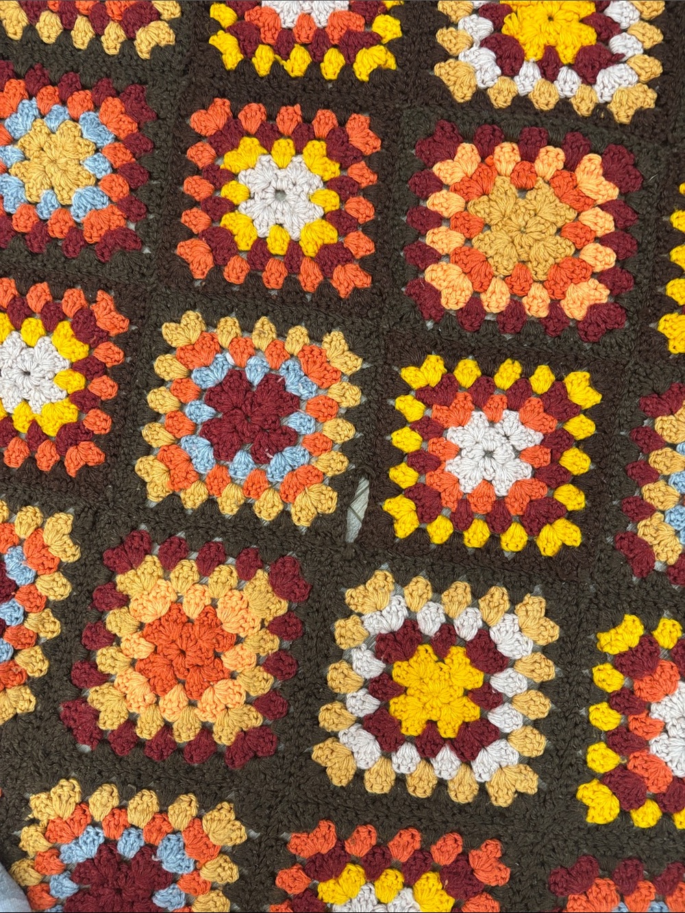 Handmade Crochet Granny Square Blanket in Brown, Orange, Yellow, Red, Blue - Picture 6 of 6